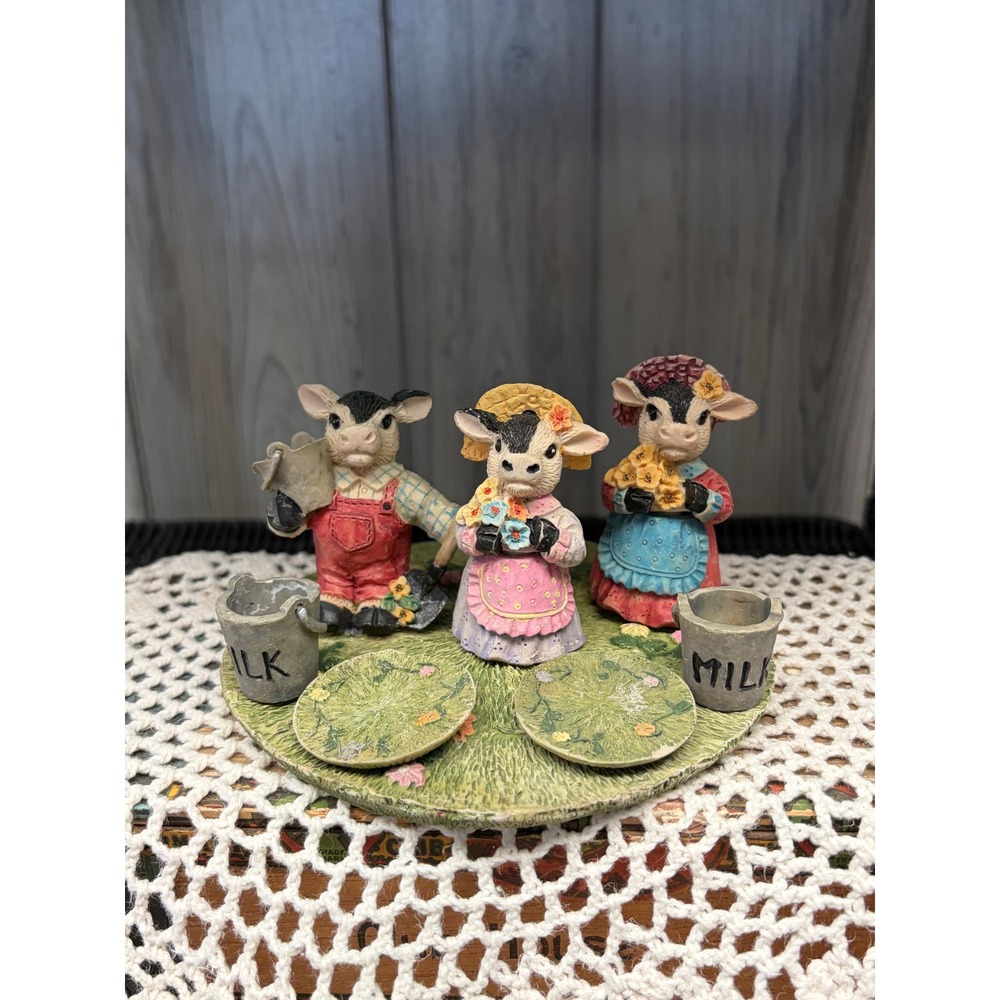 Vintage Country Cow Family Figurine Set Farmhouse Decor 3 Figures Milk Buckets